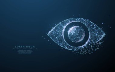 Göz. Noktalı ve yıldızlı mavi gökyüzünde parçalanmış kenarlı çokgen kablo ağ simgesi ve takımyıldızı gibi görünüyor. Görüş, sağlık, optik, saat veya diğer konsept illüstrasyon veya arka plan