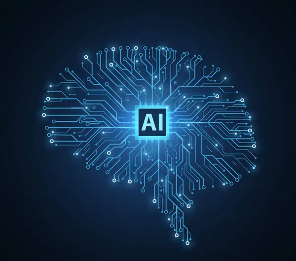 Çipli beyin şeklindeki devre kartı. Yapay zeka, dijital hafıza, derin sinir ağı eğitim teknolojisi, beyin bağlantısı, yapay zeka analizi, fütüristik teknoloji, yapay zeka konsepti.