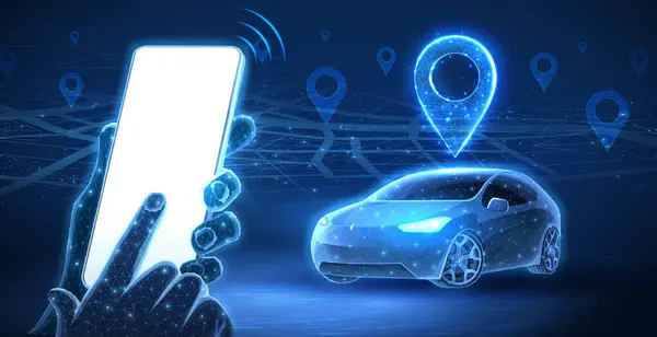 Akıllı araba ve telefon boş ekranlı ellerde. Park uygulaması, araba paylaşımı, Uber servisi, mobil navigasyon teknolojileri, ortak yolculuk, şehir taksisi, harita konumu, araç paylaşımı konsepti. Model