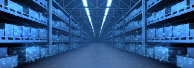 Dijital depo. Otomatik stok depolama, modern dağıtım binası, ecommerce deposu, dijital lojistik, akıllı paket donanım, yapay zeka dağıtım sistemi, kargoda yenilik, ticari depo