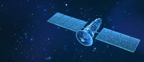 Uzay arkaplanındaki uydu. Uzay keşfi, GPS teknolojisi, uzay istasyonu, Dijital telekomünikasyon ağı, Radar savunması, Güneş paneli, uydu iletişimi, askeri konsept