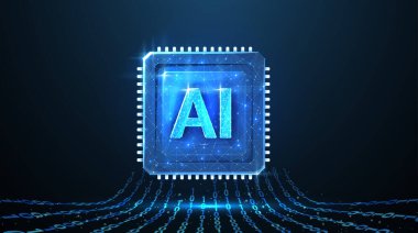 Çipteki yapay zeka harfleri. Yapay zeka teknolojisi, robot çekirdeği, elektrik hattı, yapay zeka, işlemci sistemi, geleceğin teknolojisi, elektronik bulut hesaplama konsepti. Soyut vektör illüstrasyonu