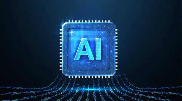 Çipteki yapay zeka harfleri. Yapay zeka teknolojisi, robot çekirdeği, elektrik hattı, yapay zeka, işlemci sistemi, geleceğin teknolojisi, elektronik bulut hesaplama konsepti. Soyut vektör illüstrasyonu