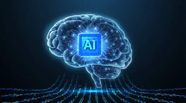 İçinde beyin ve yapay zeka çipi var. Yapay zeka, beyin bilimi, nöro sistem, insan zihni, nöroloji ağı, modern eğitim, tıp teknolojisi, yapay zeka, implant konsepti. 3d vektör illüstrasyonu