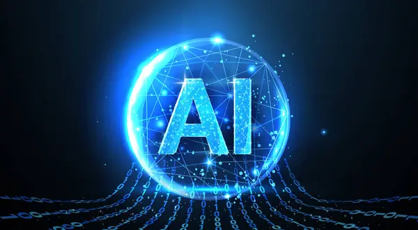 Küresel yapay zeka harfleri. Yapay zeka teknolojisi, robot çekirdeği, elektrik hattı, yapay zeka, işlemci sistemi, geleceğin teknolojisi, elektronik bulut hesaplama konsepti. Soyut vektör illüstrasyonu