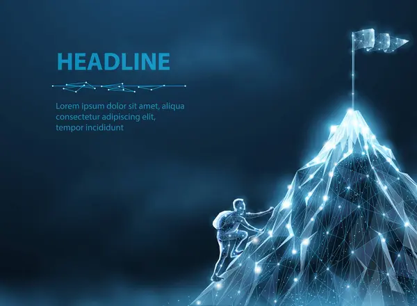 Adam dağın tepesine tırmandı. Başarı, seyahat macerası, açık hava sporları, kariyer büyümesi, rüya başarısı, kişisel çaba, liderlik motivasyonu, iş dağı kavramı