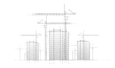 Dijital inşaat alanı çizimi. Bina 3D Yazdırma, Bina Bilgileri Modelleme, Endüstriyel arka plan, İnşaat Projesi, Mimarlık Planı, Şehir Geliştirme, Modüler İnşaat Konsepti.