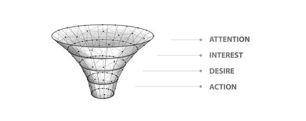 Воронка. Абстрактный вектор 3d инфографика. Процесс преобразования, фильтр данных, стратегия продажи, поток клиентов, интерес внимание действие желание, Аида, веб-маркетинг, концепция продажи