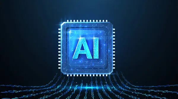 Çipteki yapay zeka harfleri. Yapay zeka teknolojisi, robot çekirdeği, elektrik hattı, yapay zeka, işlemci sistemi, geleceğin teknolojisi, elektronik bulut hesaplama konsepti. Soyut resimleme