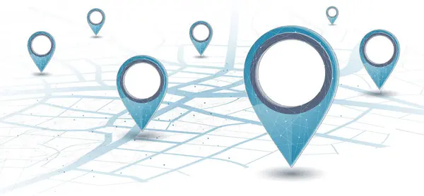 Şehir haritasında üzerinde birkaç küçük iğne bulunan büyük bir iğne simgesi. Ulaşım teslimatı, harita konumu, ulaşım lojistiği, turizm navigasyonu, konsept. GPS navigasyon, yeni konum. Mavi arkaplan
