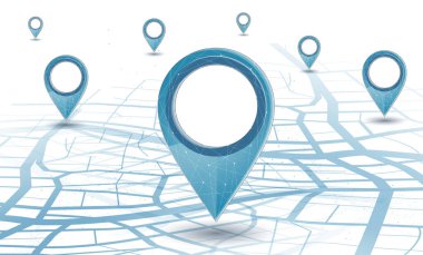 Şehir haritasında üzerinde birkaç küçük iğne bulunan büyük bir iğne simgesi. Ulaşım teslimatı, harita konumu, ulaşım lojistiği, turizm navigasyonu, konsept. GPS navigasyon, yeni konum. Mavi arkaplan