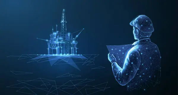 Mühendis ve petrol kulesi. Mavi üzerinde soyut yüzen platform platformu. Gaz platformu, kıyı sondajı, rafineri fabrikası, petrol endüstrisi, enerji kaynağı, yenilik kuyusu kazma, petrol sahası ekipmanları konsepti