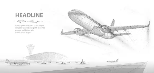 Bir uçak kalkışı ve arka planda bir havaalanı. Hava taşımacılığı, uçak yeniliği, seyahat kavramı, fütüristik teknoloji, havacılık teknolojisi, havacılık ve kargo yolculuğu kavramında yapay zeka