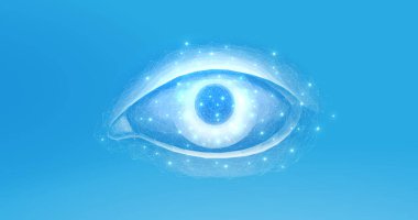 Mavi arka planda 3 boyutlu göz. Dijital görüş, göz sağlığı, yüz tanıma, optik lens, insan görüşü, retina taraması, biyometrik kimlik, kablo örgüsü, bilim verileri, duyusal sistem kavramı.