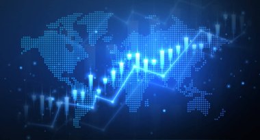 Hisse büyümesi grafiği arka planı ve dünya haritası. Ticaret, grafik konsepti, finans grafiği, ekonomi analizi, yatırım eğilimi, Forex ticareti, grafik düzeni, finans hedefi, dünya ekonomik sembolü.