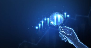 Stok grafiğinde büyüteç. Piyasa analizi, mali tahmin, iş büyümesi, gelir artışı, profesyonel yatırım denetimi, yatırım planı, istatistik tablosu, analiz konsepti, grafik oku.