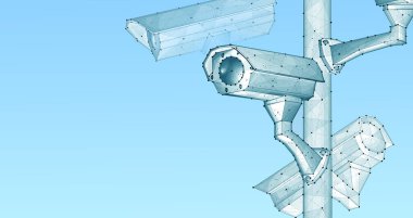 Güvenlik kamerası. Vektör düşük kutup illüstrasyonu. Mavide izole edilmiş. Güvenlik sistemi, akıllı ev, kapalı devre televizyon konsepti.