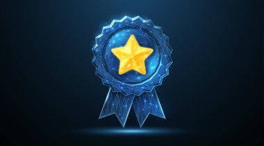 Quality icon on blue background. Star award, satisfaction icon, customer feedback, excellent service, gold ribbon, best reputation, client opinion, success concept, certified, achievement quality.