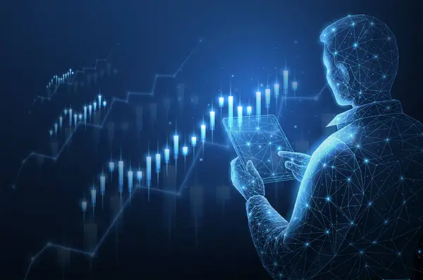 Borsa ve borsa grafiklerini analiz eden borsacı. Çevrimiçi ticaret, finansal büyüme, iş stratejisi, dijital varlık, yatırım fonu, pazar anlayışı, hisse eğilimleri, yapay zeka kavramı.