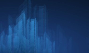 Akıllı şehir dijital arka planı. İnşaat Teknolojisi, Fütürist Şehir Mimarisi, Mavi Skyline, Binaların Bağlantısı, Şehir Endüstrisi, Teknoloji İnşaat, Bilgi Verileri, Altyapı Konsepti.