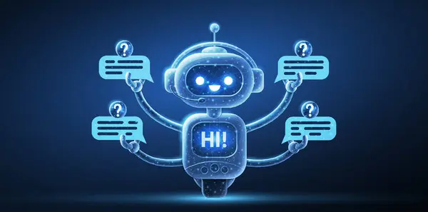 Müşteri hizmetleri robotu mavi hatta. Chatbot asistanı, yapay robot, dijital teknoloji, sanal haberci, sanal destek, ses çağrısı, yapay zeka, konuşma merkezi, robot sohbet konsepti