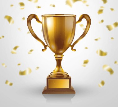 Altın kupa. Ödül kazanan, şampiyon ödülü, altın kupa, futbol turnuvası, yarışma başarısı, yarışma ödülü, zafer kutlaması, altın kadeh, 3D ikon, tebrik töreni, kazanma konsepti.
