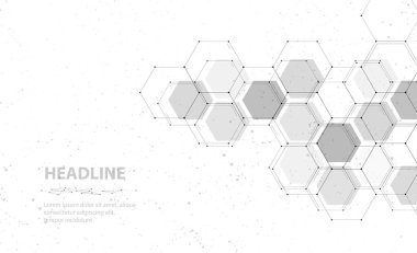 Gri altıgen soyut arka plan. Bal peteği dokusu, tıbbi teknoloji, bilim tasarımı, sekizgen grafik, beşgen deseni, geometrik dijital arkaplan, molekül kimyası konsepti.