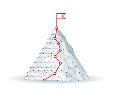 Dijital dağ ve merdiven. Teknoloji hedef tablosu, liderlik yolu, dijital teknoloji başarısı, başlangıç basamağı, kariyer merdiveni, iş planı, başarı sembolü, görev vizyonu, kavram elde etmek