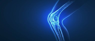 Diz eklemi mavi üzerine izole edilmiş. Kemik sağlığı, fizyoterapi, eklem bozukluğu, glukozamin onarımı, ortopedik ameliyat, fizyoterapi, magnezyum takviyesi, osteoartrit tedavisi konsepti