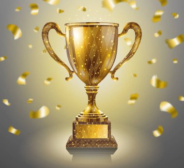 Altın kupa. Ödül kazanan, şampiyon ödülü, altın kupa, futbol turnuvası, yarışma başarısı, yarışma ödülü, zafer kutlaması, altın kadeh, 3D ikon, tebrik töreni, kazanma konsepti.