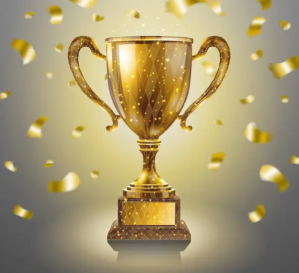Altın kupa. Ödül kazanan, şampiyon ödülü, altın kupa, futbol turnuvası, yarışma başarısı, yarışma ödülü, zafer kutlaması, altın kadeh, 3D ikon, tebrik töreni, kazanma konsepti.