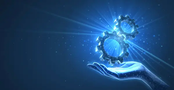 3D dişli mekanizması. Motor çözümü, dijital teknik destek, dişli işbirliği, teknoloji endüstrisi, yazılım makineleri, dişli kavramı, kablo tasarımı, teknik arkaplan.