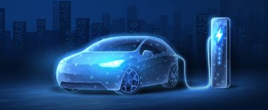 EV. Elektrikli araba şehirdeki şarj istasyonuna bağlanıyor. Çevre enerjisi, EV şarj aleti, yeşil araç, alternatif enerji, şarj edilebilir pil, otomobil endüstrisi, geleceğin teknolojisi, melez konsepti. Alçak direk