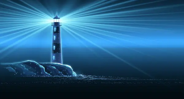 Karadaki deniz feneri. Kılavuz ışık, umut ışığı, deniz feneri rehberi, güvenli liman, sabit rehberlik, liderlik vizyonu, stratejik çözüm, dijital teknoloji, iş görevi, navigasyon teknolojisi konsepti.
