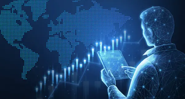 Küresel döviz ve borsa grafiklerini analiz eden borsacı. Çevrimiçi ticaret, finansal büyüme, iş stratejisi, dünya ekonomisi, dijital varlık, pazar anlayışı, hisse eğilimleri, yapay zeka kavramı.