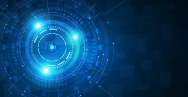 Hedef mavi arka plana odaklan. Teknoloji vizyonu, dijital iş, göz güvenliği, elektrik devresi, gelecek teknolojisi, askeri sistem, siber hedef, elektronik iletişim konsepti.