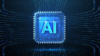 Çipteki yapay zeka harfleri. Yapay zeka teknolojisi, robot çekirdeği, elektrik hattı, yapay zeka, işlemci sistemi, geleceğin teknolojisi, elektronik bulut hesaplama konsepti. Soyut resimleme