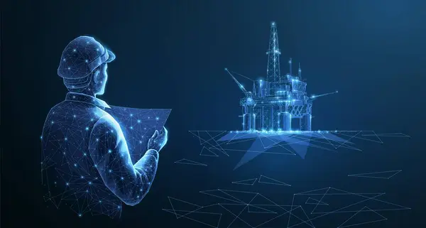 Mühendis ve petrol kulesi. Mavi üzerinde soyut yüzen platform platformu. Gaz platformu, kıyı sondajı, rafineri fabrikası, petrol endüstrisi, enerji kaynağı, yenilik kuyusu kazma, petrol sahası ekipmanları konsepti