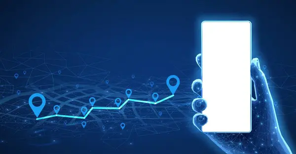 Elde telefon modeli ve raptiyeler bağlandı. Telefon mobil uygulaması, GPS takip cihazı, coğrafi konum, Uber rota, pin işaretleyici, navigasyon planı, çevrimiçi arama, taksi uygulaması servis kavramı.