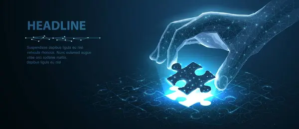 Bulmaca. Dijital elde tek bulmaca. Yakından bak. Üç boyutlu soyut alçak direk. İş durumu, başarı dijital çözeltisi, yapboz oyunları sembolü. Yaratıcı fikir, kurumsal görev, bağlantı kavramı