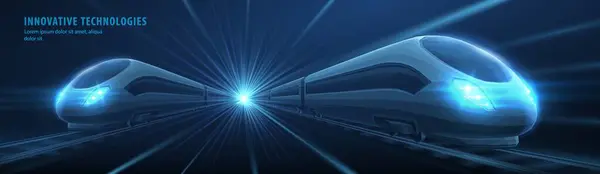Yüksek hızlı şehirler arası tren yolunda ışık hızından hareket eden iki tren. Tren lojistik, dijital fütüristik teknoloji, geleceğin elektrik şehir taşımacılığı, yenilikçi teknoloji, metro yolu konsepti. Mavi üzerine 3d