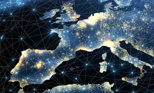 Digital Europe map concept. Global network, cryptocurrency transaction, world transfer, europe internet, telecommunication signal, iot technology, blockchain fintech, international trade.