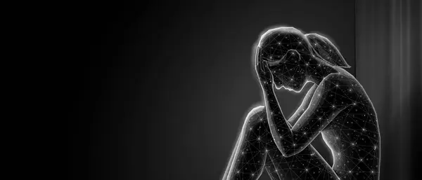 Akıl sağlığı konsepti vektörü. Anksiyete bozukluğu, intihar farkındalığı, üzgün kadın, gençlik yalnızlığı, yorgun insan, bağımlılık sorunu, genç kız, üzüntü karakteri, korku ifadesi, zihinsel acı.