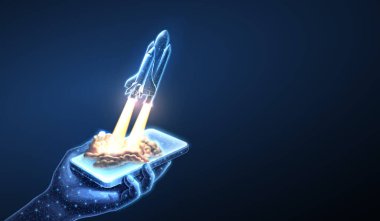 Uzay gemisi kalkışı ve telefon hazır. Roket fırlatma, uzay mekiği, görev başlatma, uzay aracında dijital teknoloji, uzay yolculuğu, başlangıç konsepti, roket uçuşu, keşif konsepti. Başlangıç simgesi