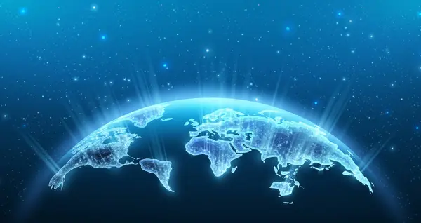 Uzay arkaplanındaki dünya haritası. Dünya küresi, küresel ağ, dijital evren, sanal internet bağlantısı, dünya iletişimi, gelecekteki gezegen konsepti, çizgi bağlantılı, metaevren simgesi.