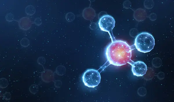 Molekül. Mavi arka planda küresi olan soyut fütüristik mikro molekül yapısı. Bilim, araştırma, kimya, biyoteknoloji, tıbbi konsept illüstrasyon veya arka plan