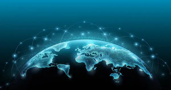 Mavi arka plandaki dünya haritası. Dünya küresi, küresel ağ, dijital evren, sanal internet bağlantısı, dünya iletişimi, gelecekteki gezegen konsepti, çizgi bağlantılı, metaevren simgesi.