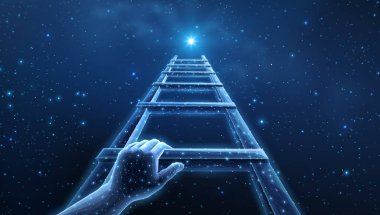 Erkek eli olan dijital merdiven. Kariyer merdiveni, iş büyümesi, başarı basamakları, tırmanma süreci, fırsat basamağı, yükselme hareketi, çalışan gelişimi, meydan okuma konsepti, gece gökyüzü, koç rehberliği.