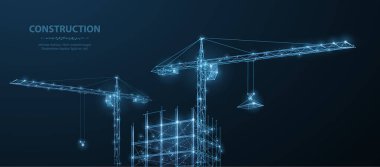 İnşaat. crune altında, üzerinde noktalar, yıldızlar olan koyu mavi gökyüzünde çokgen bir kablo oluşturuluyor. İnşaat, geliştirme, mimari veya diğer konsept illüstrasyon veya arkaplan