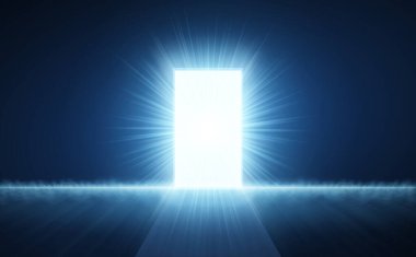 Mavi arka planda soyut ışık olan kapıyı aç. Dijital kapı, sanal kapı, teknoloji kaçışı, kavramsal giriş, geleceksel eşik, siber kapı, sembolik çıkış, teknoloji ufku..